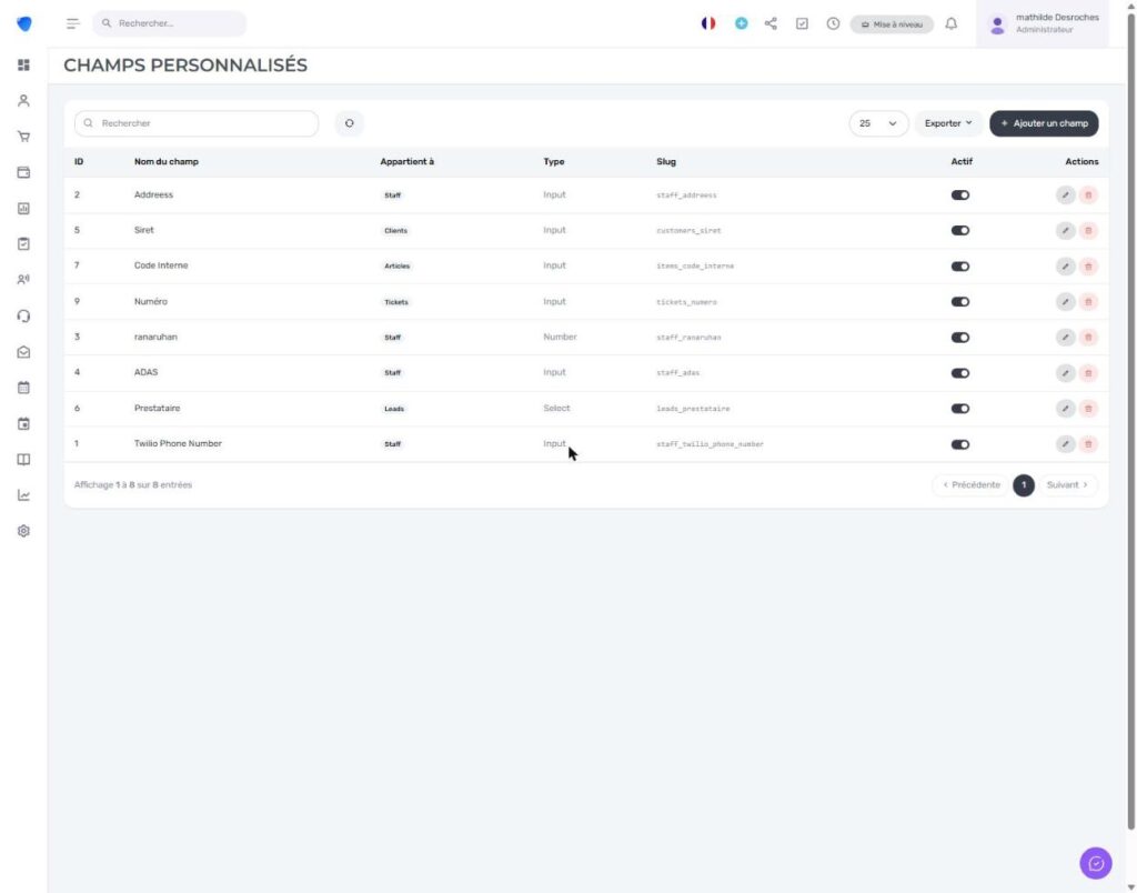 Liste des champs personnalisés dans Djaboo