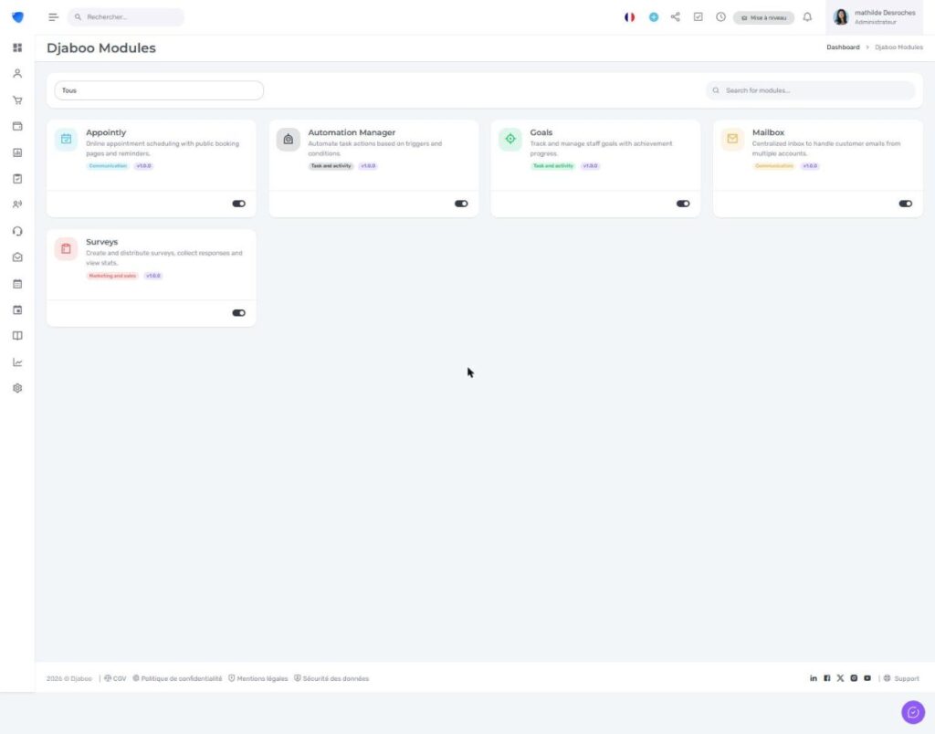 Page Djaboo Modules avec les modules disponibles : Appointly, Automation Manager, Goals, Mailbox et Surveys