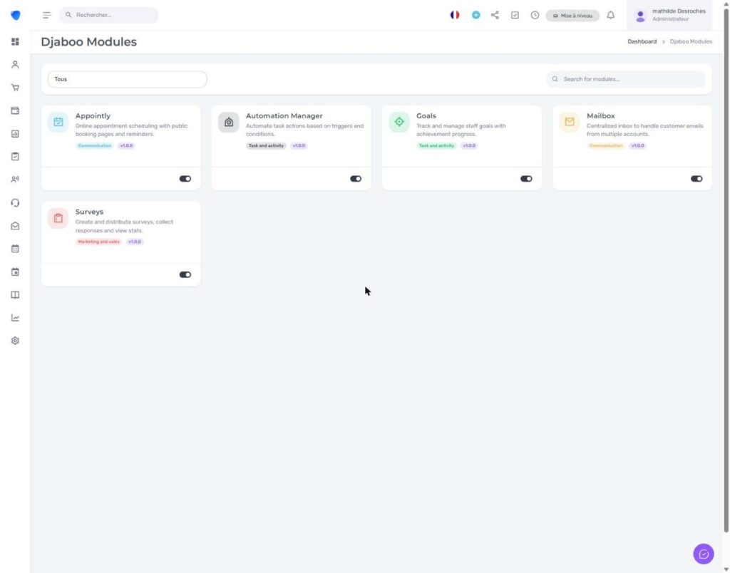 Page Djaboo Modules - liste des modules disponibles avec toggle d'activation