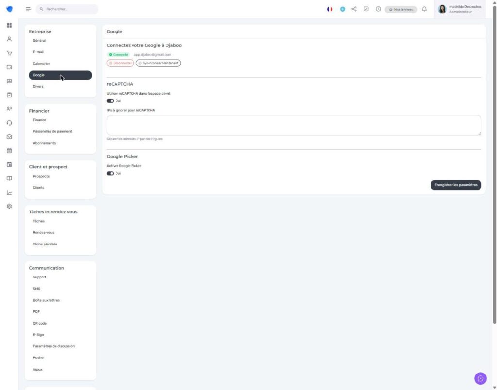 Paramètres Google dans Djaboo - connexion OAuth et activation de Google Picker pour l'intégration Google Drive