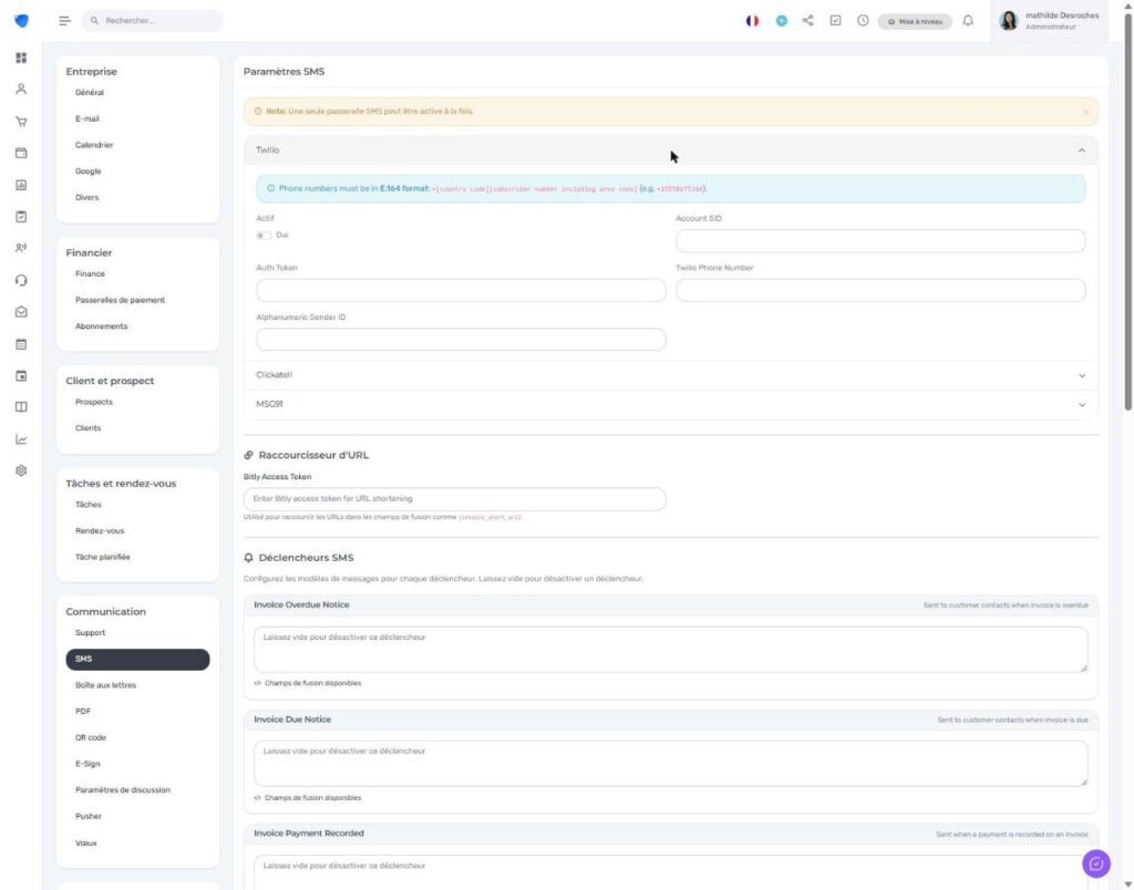 Paramètres SMS Twilio dans Djaboo - configuration Account SID, Auth Token et numéro Twilio