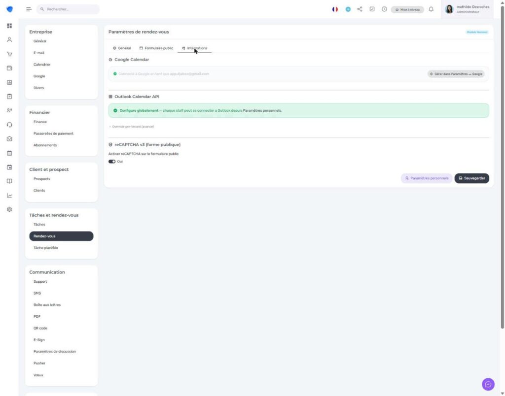 Onglet Intégrations des Paramètres de rendez-vous Djaboo avec Google Calendar et Outlook Calendar