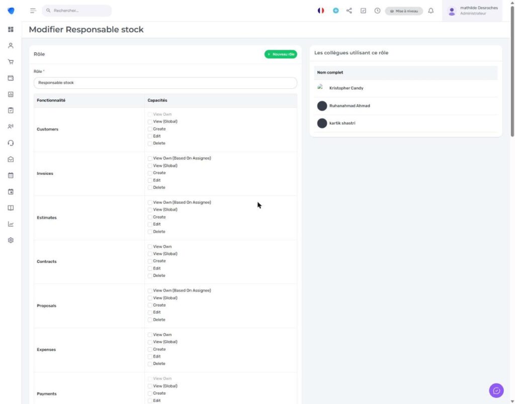 Formulaire de permissions d'un rôle collaborateur dans Djaboo