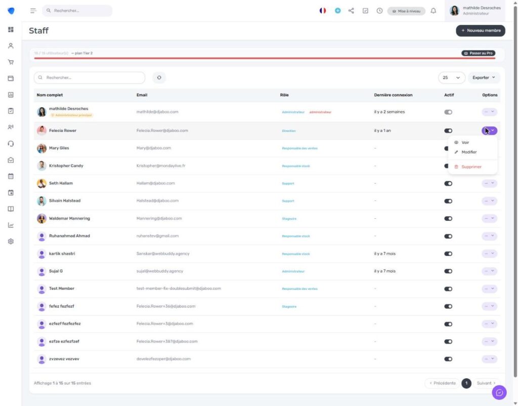 Menu d'options d'un collaborateur dans Djaboo avec Voir, Modifier, Supprimer