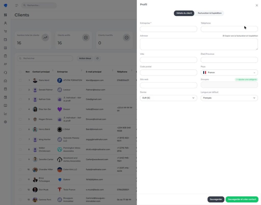 Formulaire de création d'un client dans Djaboo avec champs Entreprise, adresse et options de facturation