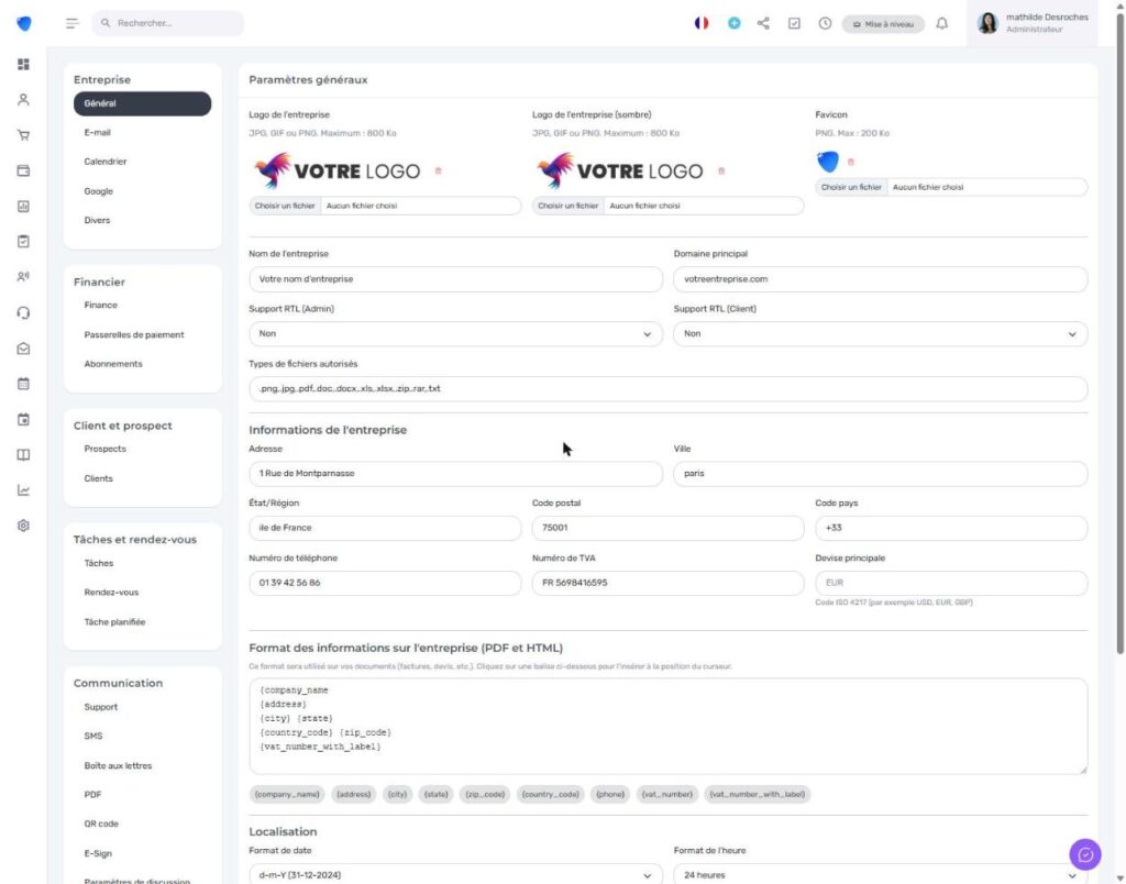 Page des paramètres Djaboo avec les sections Entreprise, Financier, Communication et Personnalisation