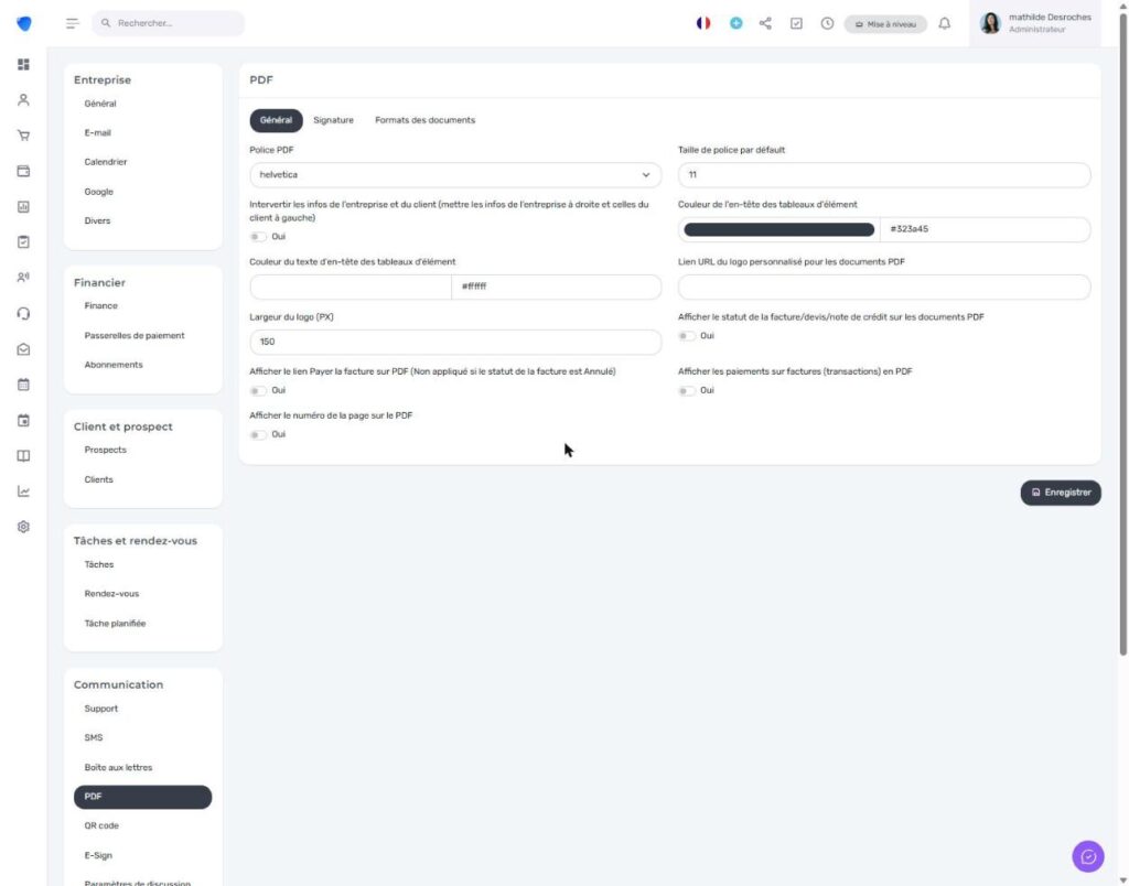 Paramètres PDF dans Djaboo pour personnaliser l'apparence des factures (police, couleurs, logo)