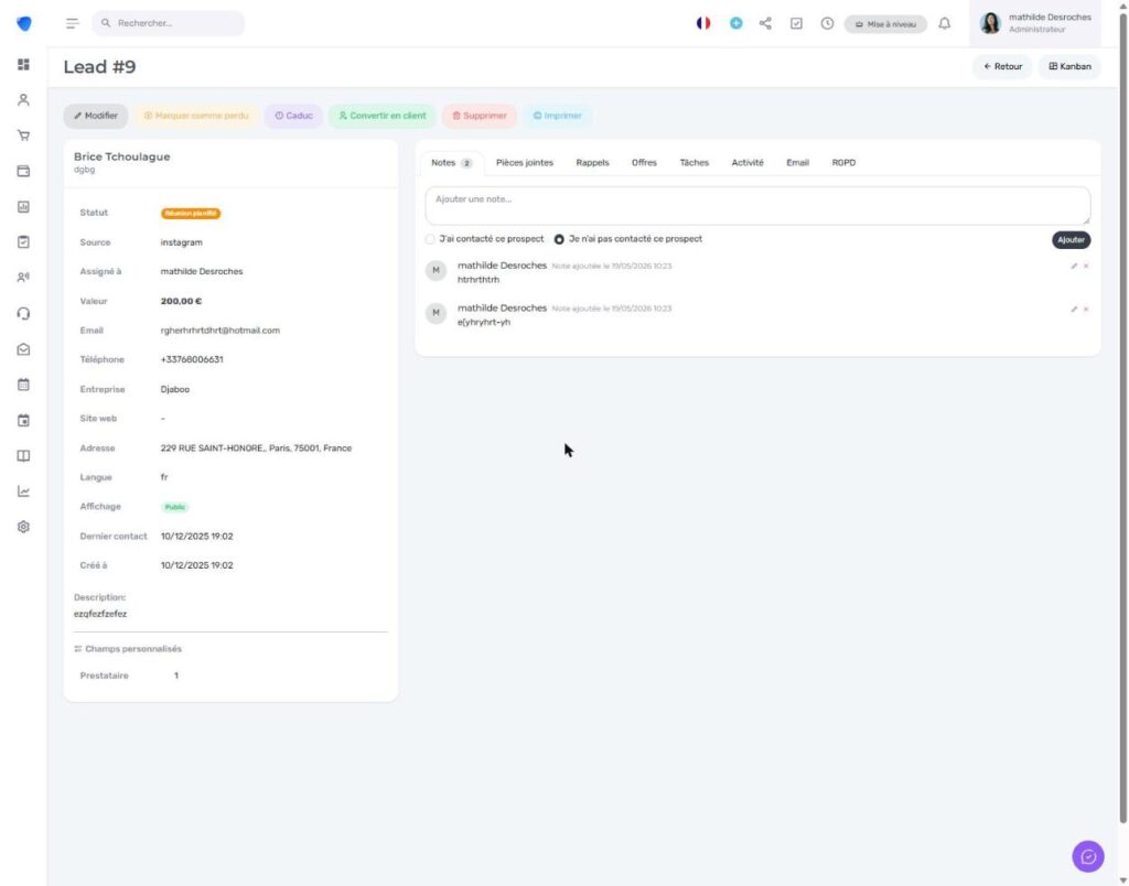 Fiche prospect dans Djaboo avec le bouton Convertir en client et les autres actions disponibles
