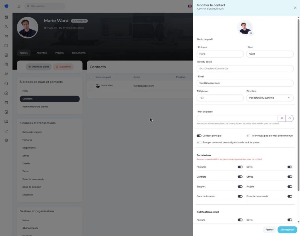 Fiche client dans Djaboo avec le bouton Supprimer et le formulaire de modification du contact