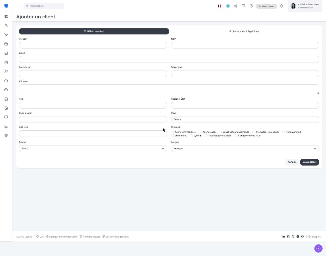 Formulaire d'ajout d'un nouveau client dans Djaboo avec les champs Prénom, Nom, Email, Entreprise, Téléphone, Adresse, Groupes et Devise