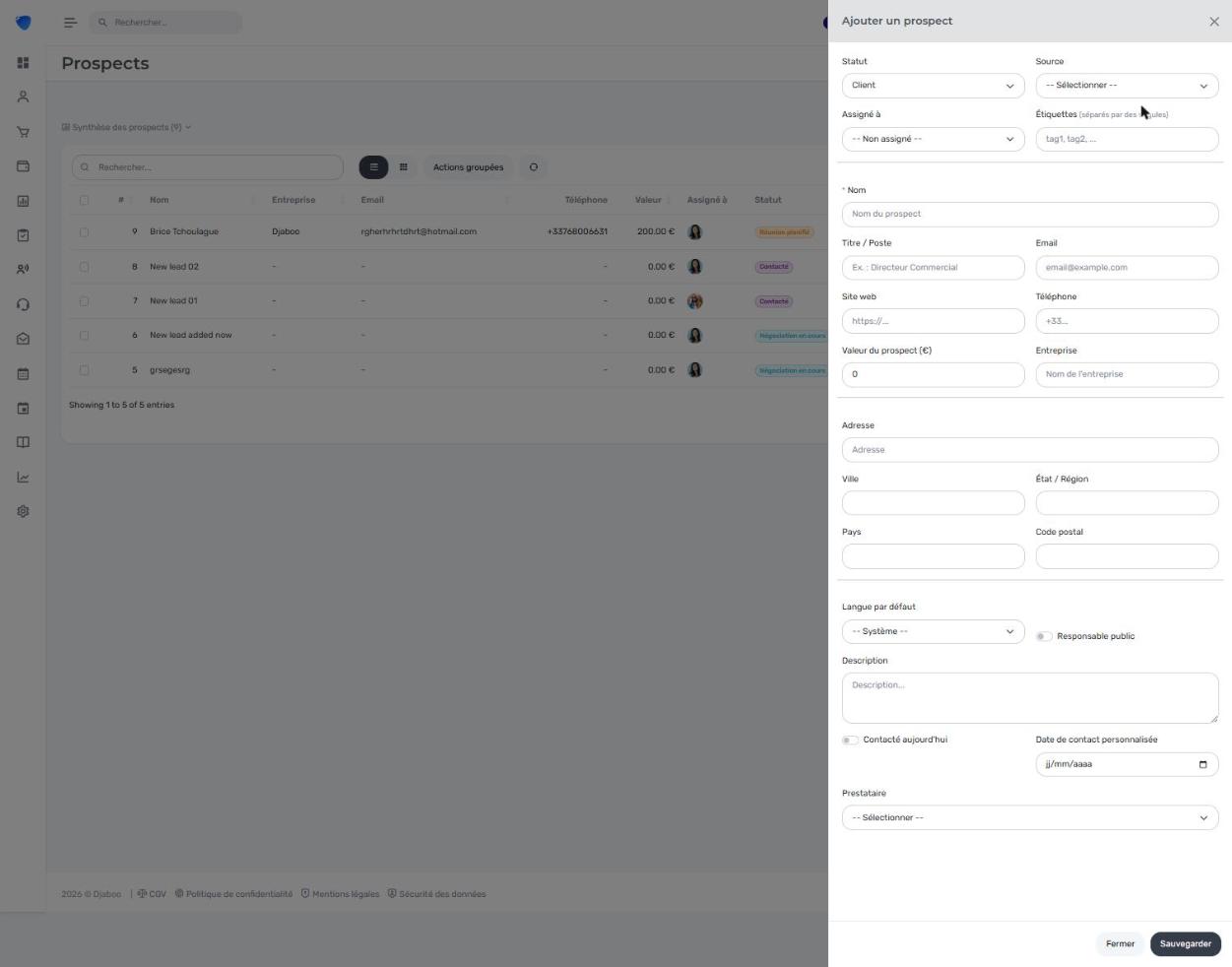 Formulaire d'ajout d'un nouveau prospect dans Djaboo avec les champs Statut, Source, Nom, Email, Téléphone, Entreprise et Valeur du prospect