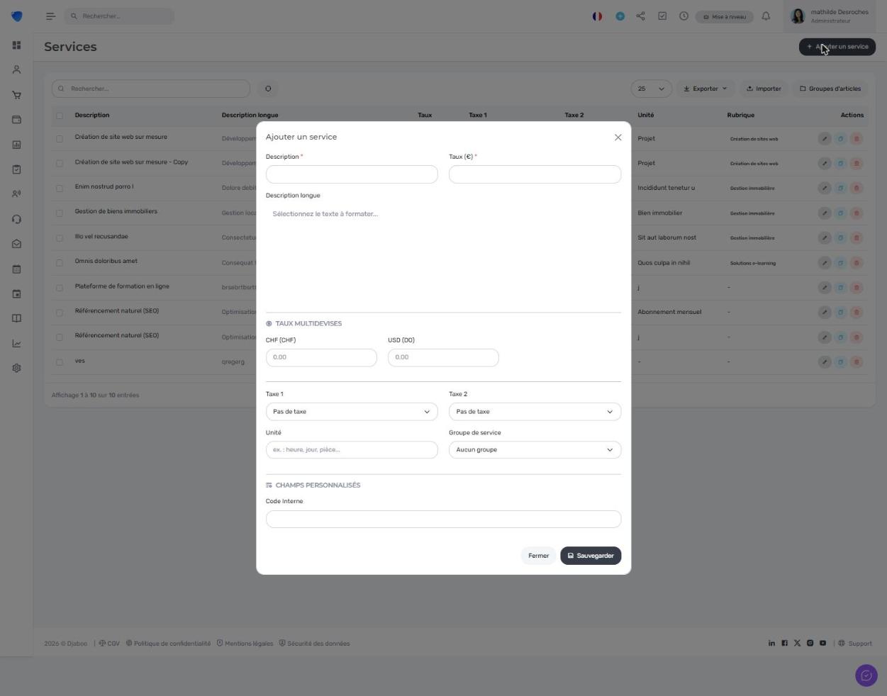 Formulaire d'ajout d'un service dans Djaboo avec les champs Description, Taux, Taxe 1, Taxe 2, Unité et Groupe de service