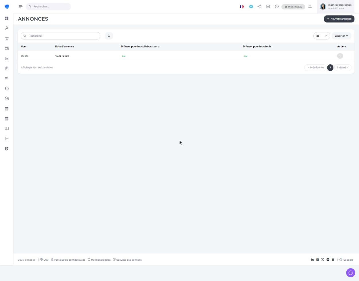Page des annonces dans Djaboo avec liste des annonces, colonnes Nom, Date, Diffusion collaborateurs et clients