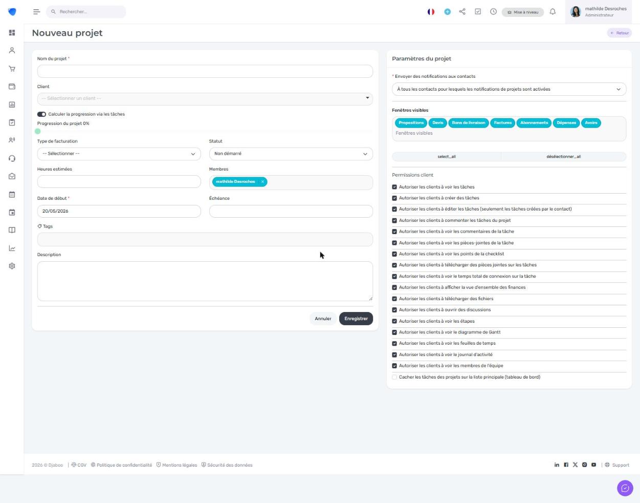 Formulaire de création d'un nouveau projet dans Djaboo avec les champs Nom, Client, Type de facturation, Statut, Membres, Dates et Paramètres du projet