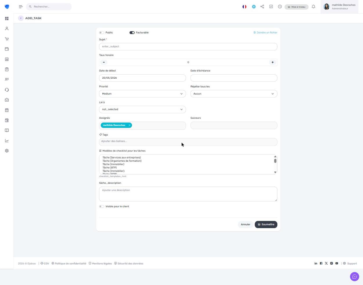 Formulaire de création d'une tâche dans Djaboo avec les toggles Public, Facturable, les champs Sujet, Priorité, Assignés et Visible pour le client