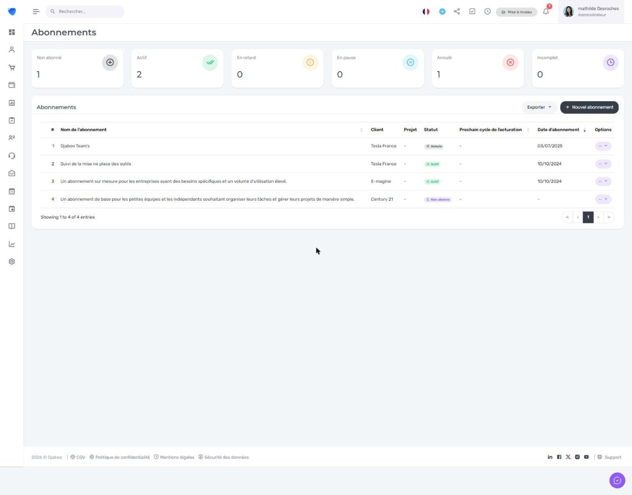 Liste des abonnements clients dans Djaboo