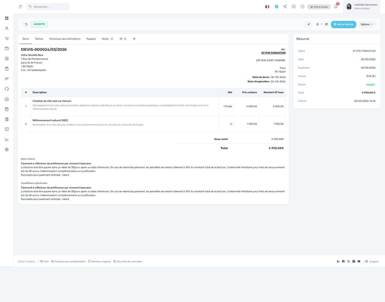 Convertir un devis en facture dans Djaboo