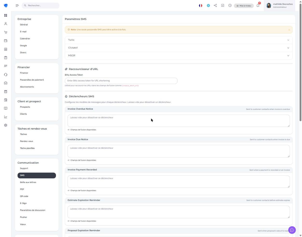 Paramètres SMS dans Djaboo - Twilio, Clickatell, MSG91