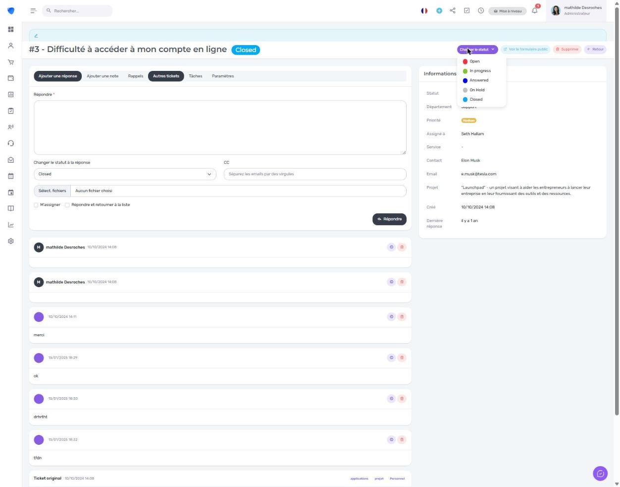 Changer le statut d'un ticket dans Djaboo