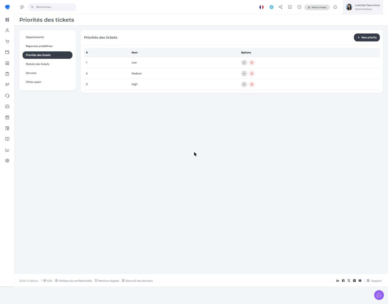 Page de gestion des priorités de tickets dans Djaboo