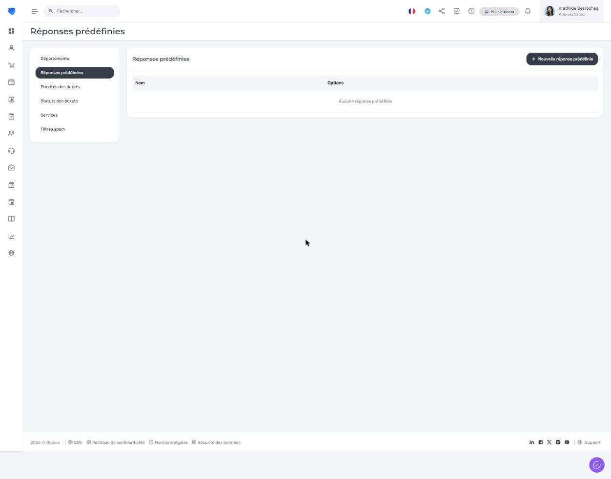 Page de gestion des réponses prédéfinies pour tickets dans Djaboo