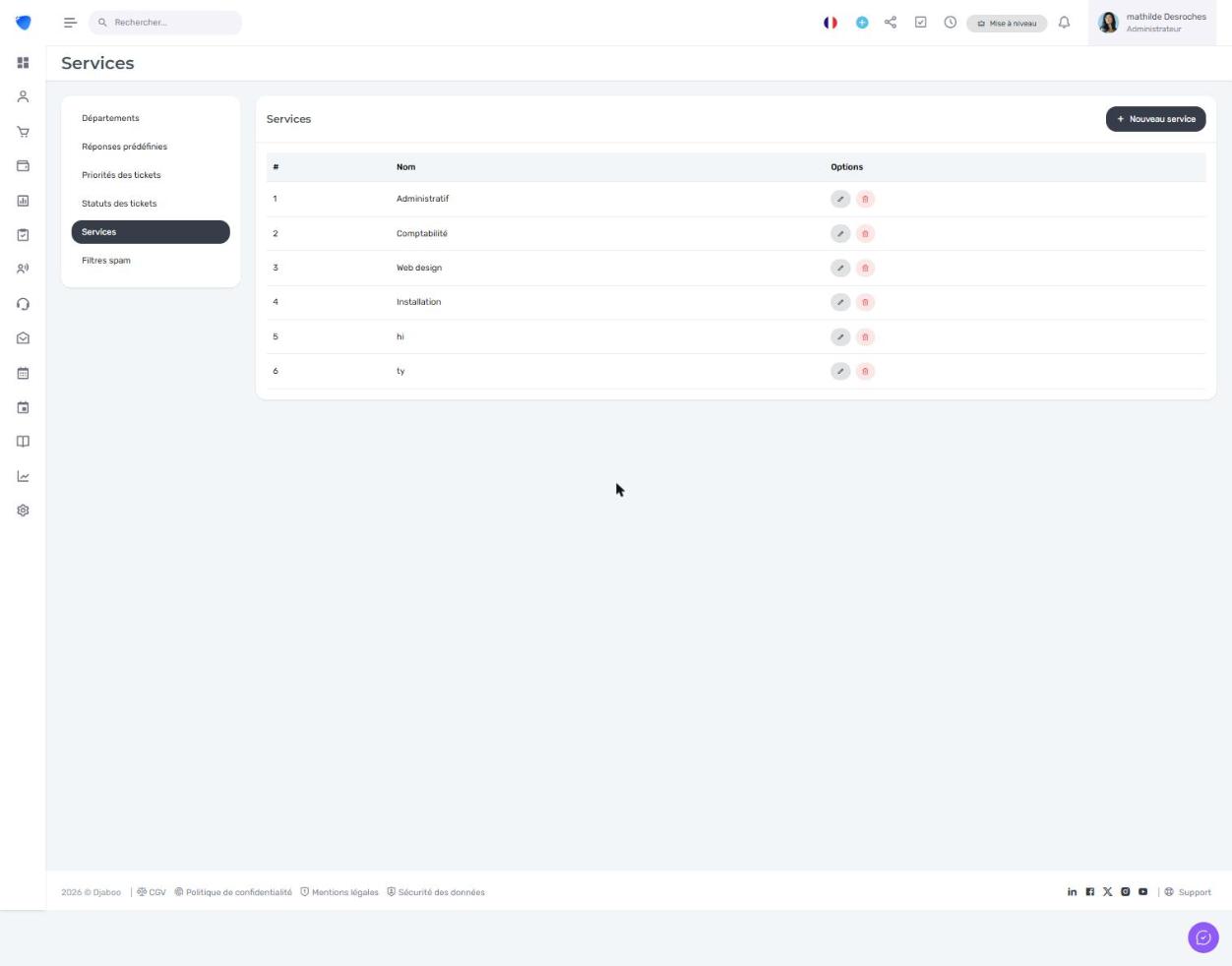 Page de gestion des services de tickets dans Djaboo