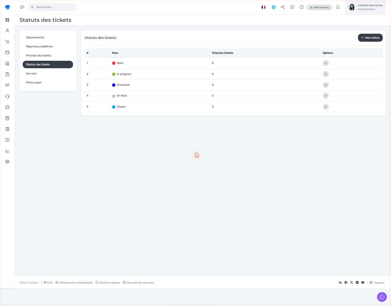 Page de gestion des statuts de tickets dans Djaboo