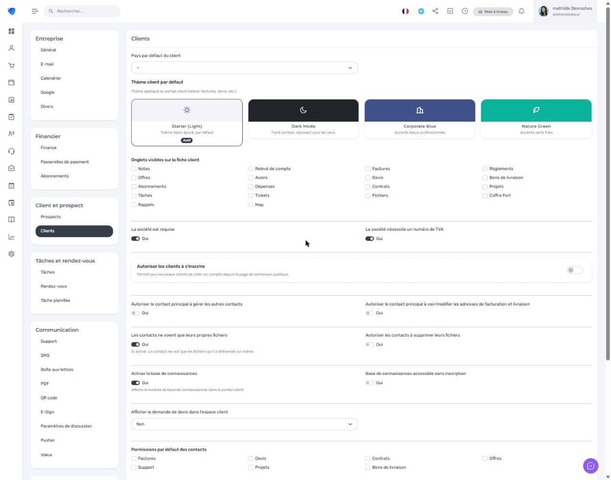 Page des paramètres clients dans Djaboo avec les options de thème portail client, onglets visibles, inscription client et permissions des contacts