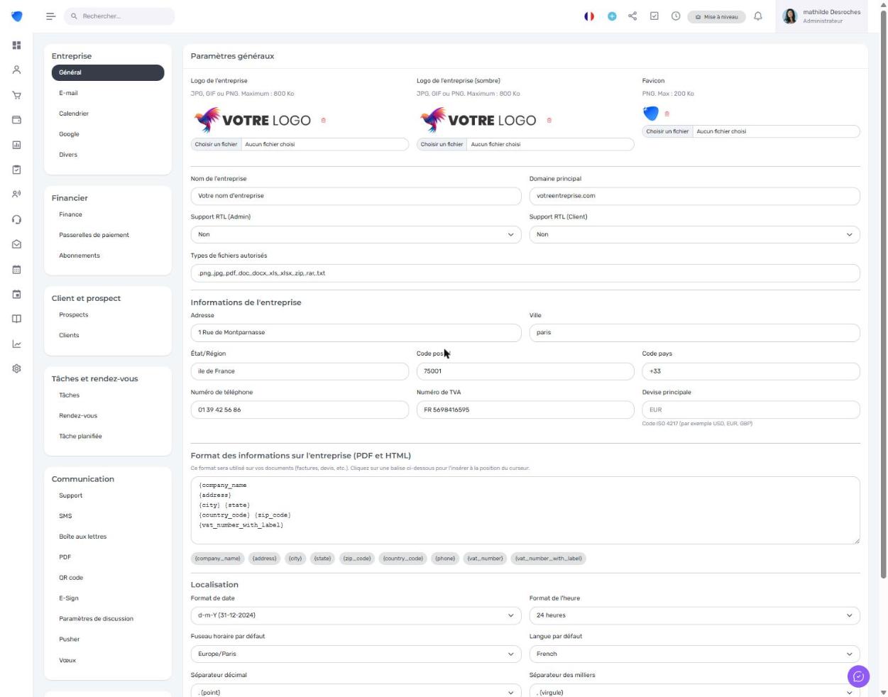 Page des paramètres généraux de Djaboo avec les informations de l'entreprise, logo, adresse, TVA et localisation